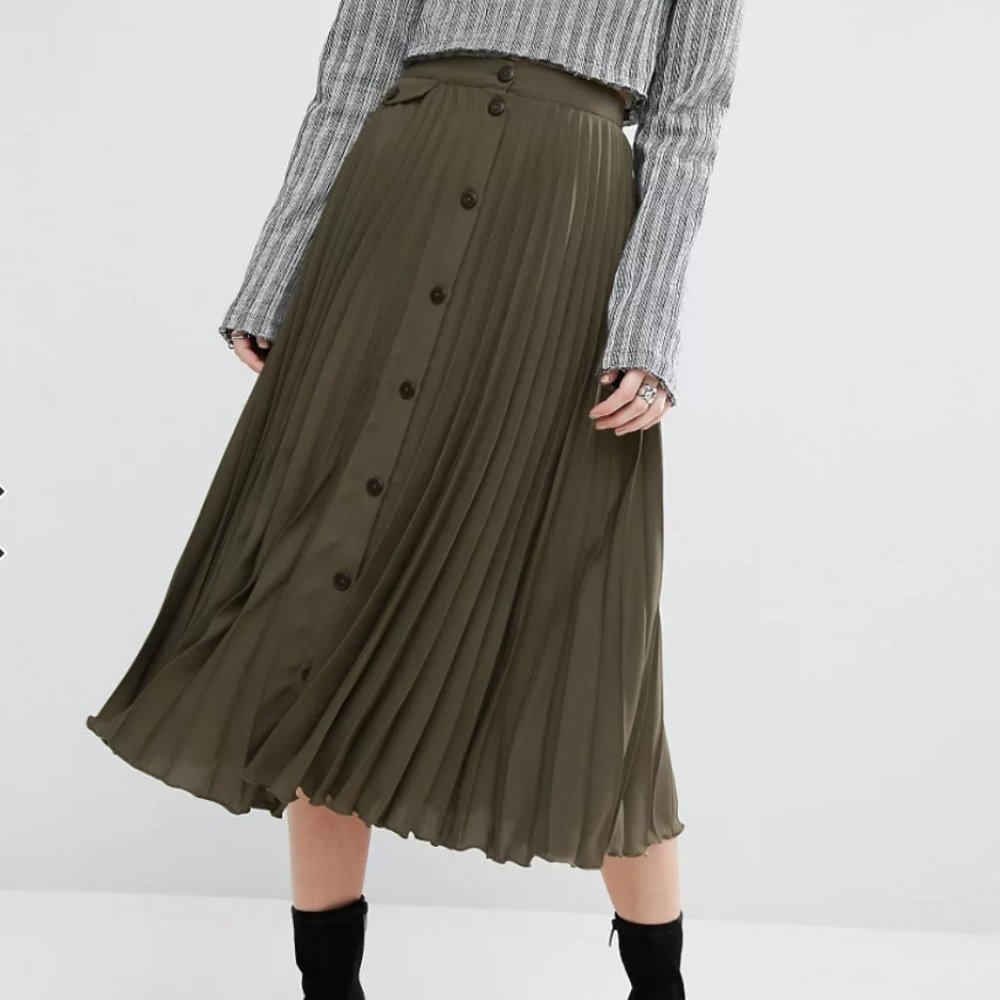 ASOS Khaki Green Pleated Midi Skirt w/ Buttons 10